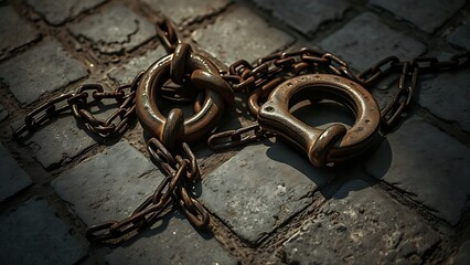 tennessine. Weathered rusted shackles lie on rough stone, chains trailing into shadow. event programs, museum guides, designed for cultural heritage projects and event programs.