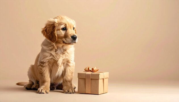 マットな暖ベージュ背景の前に、愛らしいゴールデンの子犬がギフトボックスの横にちょこんと座っています。
柔らかなスタジオライティングが、毛並みの質感と温かい雰囲気を優しく引き立てます。