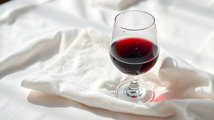 ontology. A glass of deep ruby red wine on white linen with water droplets. bar promotions, beverage menus, designed for food & beverage menus and cafe branding, used by web designers.