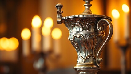 flagon. Ornate silver flagon reflecting candlelight with slight tilt, warm golden tones. bar promotions, beverage menus, designed for food & beverage menus and cafe branding.