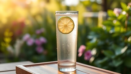 sudachi. A tall glass of clear beverage with a lime slice, condensation, in a serene summer garden. bar promotions, beverage menus, designed for food & beverage menus and cafe branding.