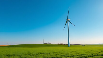 rotor. Wind turbine in green field against blue sky representing clean energy, ESG reports, sustainability campaigns, designed for environmental awareness campaigns, promotes sustainability.
