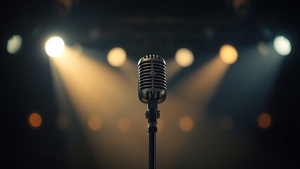 gig. A vintage microphone under a dramatic spotlight on a dark stage, evoking a nostalgic concert vibe. event programs, museum guides, designed for cultural heritage projects and event programs.