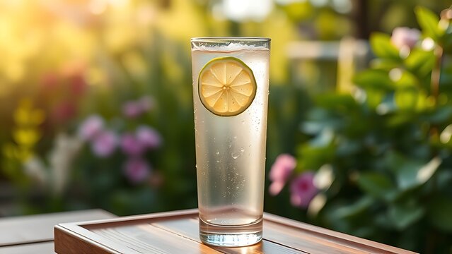 sudachi. A tall glass of clear beverage with a lime slice, condensation, in a serene summer garden. bar promotions, beverage menus, designed for food & beverage menus and cafe branding.