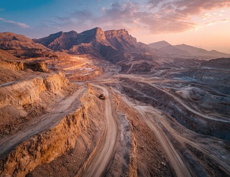 Mountain quarry with roads at sunset