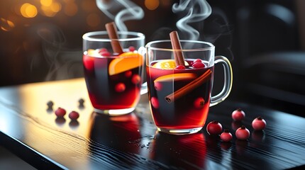 Two glasses of autumn mulled wine, an alcoholic spicy drink made from rich red wine