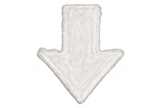 White fluffy down arrow symbol pointing direction, soft texture element indicating download, scroll, or instruction - Powered by Adobe
