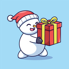 Cute Happy Cartoon Snowman Vector Illustration Wearing Red Santa Hat, Hugging a Big Red Gift Box with Yellow Ribbon. Christmas and New Year Celebration Concept Icon.