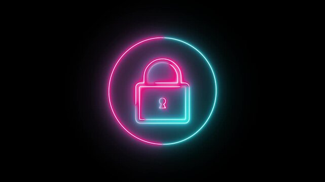 Vibrant neon glowing padlock icon in pink and blue, representing robust digital security, data encryption, and protected access for online systems