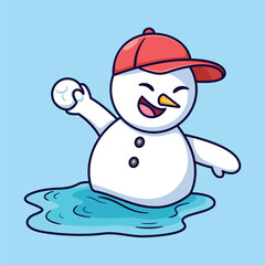 Cute Cartoon Snowman Vector Illustration Throwing Snowball with Cap. Winter Mascot and Puddle. Playing, Melting, and End of Season Concept.