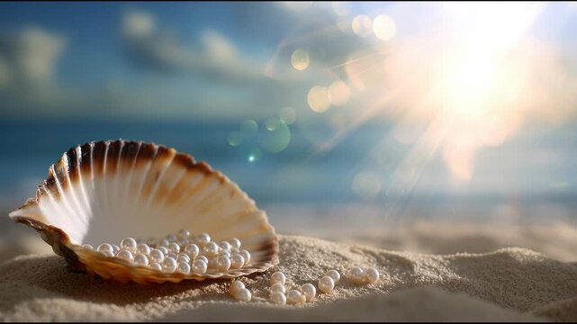 Seashell holding pearls on sunny summer beach sand