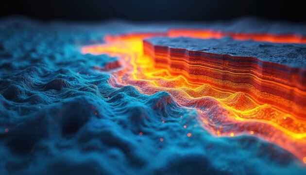Digital mapping visualizes deep earth complex geological layers with vibrant heat-mapped data. Explores underground formations for valuable resources. Advanced seismic imaging detects new oil, gas - Powered by Adobe