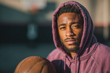 Man in hoodie holding basketball with a serious expression outdoors
