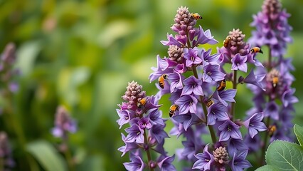 comfrey. A cluster of purple comfrey flowers in a garden attracting bees, with a blurred green background. gardening catalogs, home-decor guides, designed for gardening and botanical catalogs.