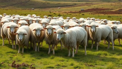 karakul. A flock of karakul sheep grazing peacefully on a sunlit grassland. wildlife magazines, conservation campaigns, designed for nature documentaries and education, used by web designers.