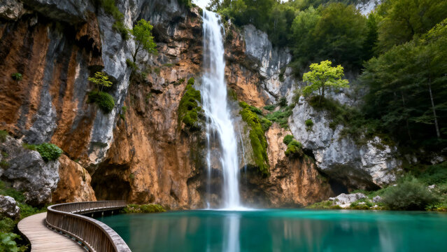 Discover the stunning turquoise lake and cascading waterfall in this tranquil landscape, perfect for nature and adventure inspiration