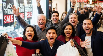 Fototapeta premium Diverse group of men and women express excitement during Black Friday shopping, holding bags and celebrating and enjoying holiday season sale.