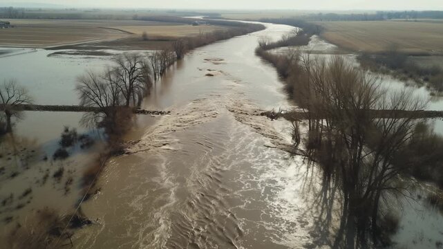 Aerial view of flooded river overflowing its banks