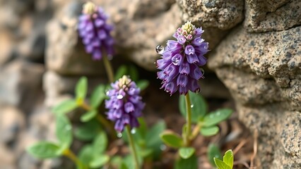 hyssop. Purple hyssop flowers growing from limestone cracks with morning dew. gardening catalogs, home-decor guides, designed for gardening and botanical catalogs.