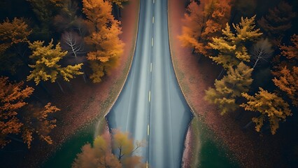 pivotal. Aerial view of a forked path in an autumn forest, representing pivotal life choices. representing seasonal cycles and harvest abundance.