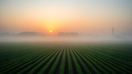 sedition. Early morning farmland with straight furrows under misty golden light. travel magazines, destination branding, designed for travel destination branding, used by ngo communicators.