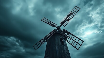 anemometer. Damaged windmill with broken sails turning against a stormy sky, resilience theme. ESG reports, sustainability campaigns, designed for environmental awareness campaigns.
