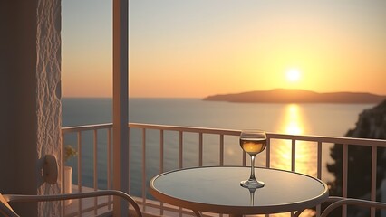 ouzo. Aegean Sea balcony at sunset with ouzo glass reflecting the golden hour light. inspiring travel planning, bar promotions, designed for food & beverage menus and cafe branding.