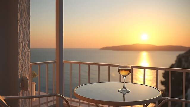 ouzo. Aegean Sea balcony at sunset with ouzo glass reflecting the golden hour light. inspiring travel planning, bar promotions, designed for food & beverage menus and cafe branding.