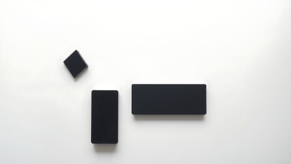 rectangular. Sleek rectangular objects arranged minimally on a white surface from an overhead view. product launch decks, UI/UX mockups, designed for product launches and innovation pitches.