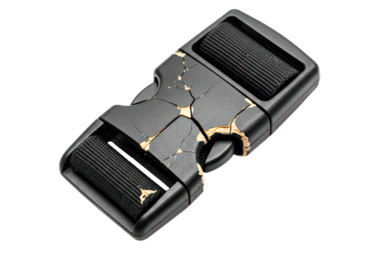 Cracked black plastic buckle with a golden kintsugi repair on a transparent background