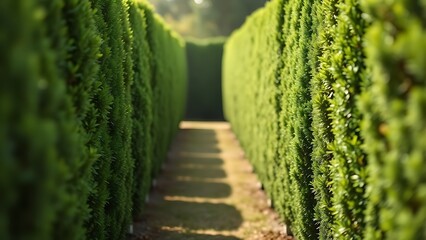 privet. Carefully trimmed privet hedges in neat rows forming green walls, soft focus background. gardening catalogs, home-decor guides, designed for home decor and floral branding.