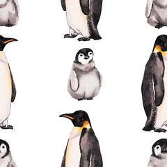 Penguin. Seamless watercolor pattern with emperor penguins isolated on white. Realistic design with penguin for children illustration, backgrounds, packaging, decoration, banner