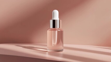 Studio video of rotating skincare serum bottle on glossy surface,