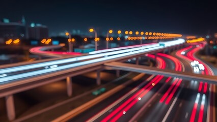 interchange. Neon-lit highway interchange at night with dynamic light trails, portraying urban energy. mobility guides, transit brochures, designed for transport & logistics marketing.