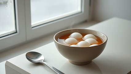 hued. Glutinous rice balls in ceramic bowl, warm vapor rising indoors, menu design, packaging mockups, designed for culinary blogs and recipe cards for restaurants, simplifies recipe learning.