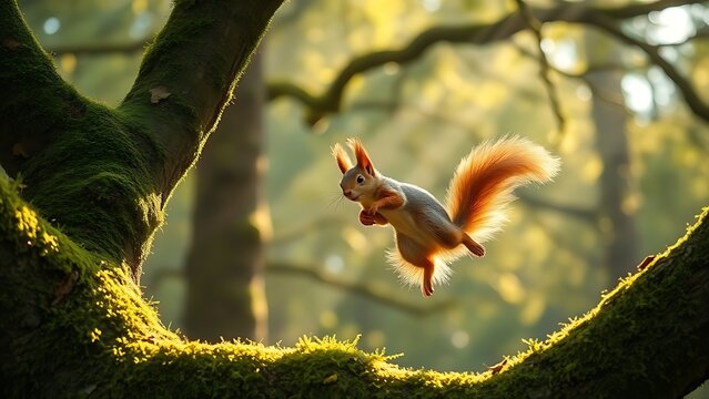 permanence. Playful red squirrel leaping between mossy oak branches in morning forest. wildlife magazines, conservation campaigns, designed for wildlife conservation campaigns.