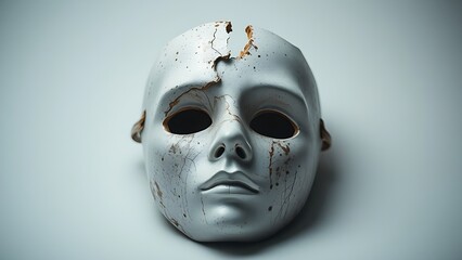 plasm. A broken ceramic mask reveals a metallic surface beneath, symbolic contrast in studio lighting. event programs, museum guides, designed for cultural heritage projects and event programs.