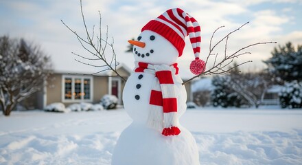 Naklejka premium Cute Snowman Wearing Red Striped Hat and Scarf in Snowy Yard with House Background