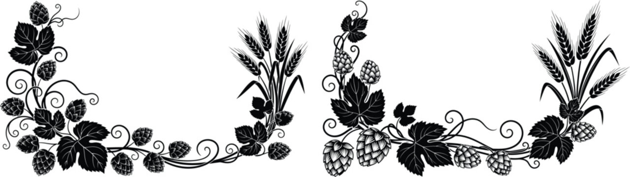 Decorative corner elements featuring intertwined hop cones and ripe wheat ears for brewing themes