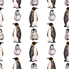 Penguin. Seamless watercolor pattern with emperor penguins isolated on white. Realistic design with penguin for children illustration, backgrounds, packaging, decoration, banner