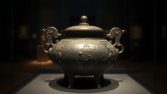 shang. A bronze ritual vessel from the Shang Dynasty displayed in a museum. event programs, museum guides, designed for cultural heritage projects and event programs, used by clinicians.