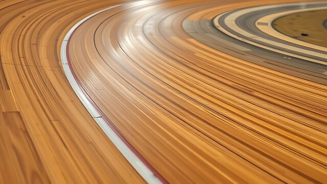 velodrome. Close-up of polished wooden velodrome track curve, spotlight on wood grain. event key visuals, club posters, designed for fitness apps and gym onboarding, used by fitness trainers.