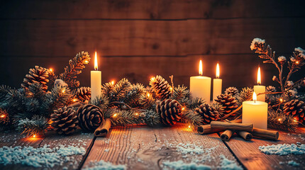 Surreal infrared tones of a cozy rustic Christmas background display a wooden table texture