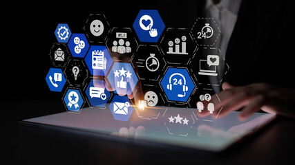 Fototapeta premium Customer experience review analysis, customer satisfaction improvement, feedback data evaluation, service quality enhancement, and business reputation through online review insights. Entice
