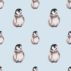 Baby penguin. Seamless watercolor pattern with emperor penguins isolated on light blue. Realistic design with penguin for children illustration, backgrounds, packaging, decoration, banner