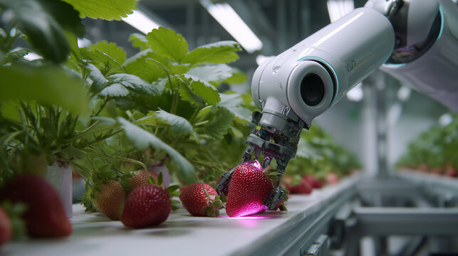 A sleek robotic arm using AI vision to pick ripe strawberries in a futuristic vertical farm.