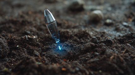 A futuristic sensor spike in the soil, sending glowing data for AgriTech and precision agriculture.