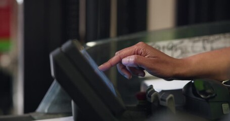 Hands, machine or control panel for forklift in warehouse for logistic, distribution or supply chain. Person, engineer or interface on lift truck with digital system, shipping industry or touchscreen - Powered by Adobe