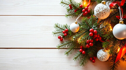 A warm Scandinavian-style Christmas background of pale wooden planks and pine branches with white ornaments