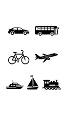 Black vector icons group  with various modes of transport in black silhouettes including car, bus, bicycle, plane,boat,sailboat and train design